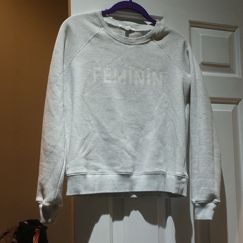 Rebecca Minkoff light gray sweatshirt.